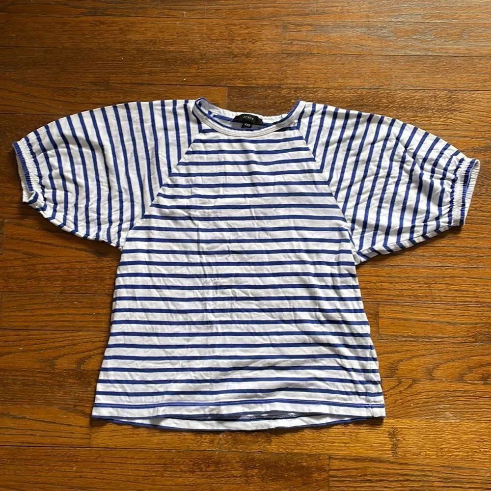 J. Crew Blue and White Striped Puff Sleeve Top